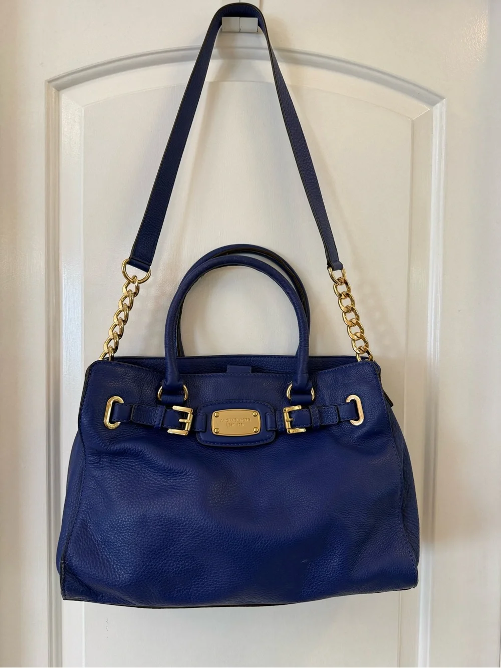 Michael Kors Cobalt Blue Large Hamilton Satchel, Crossbody Strap Gold Hardware.