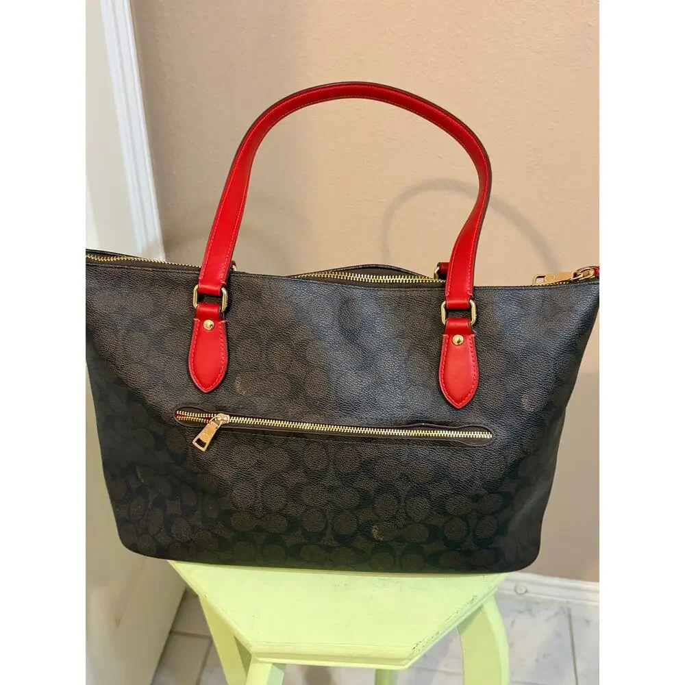 Coach City Zip Tote Brown Signature Canvas Red Leather Trim + Matching Wristlet