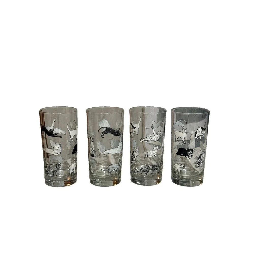 Fishs Eddy Cat Tricks Highball Glass Cups Set of 4