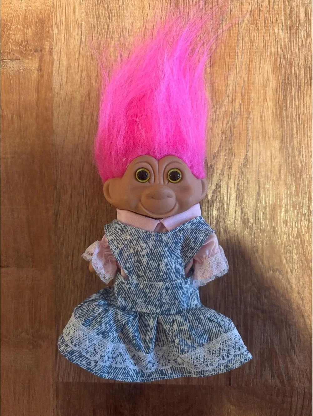Troll Doll Vintage Girl Troll Pink Hair in Long Denim Dress Pink Shirt 5” EUC