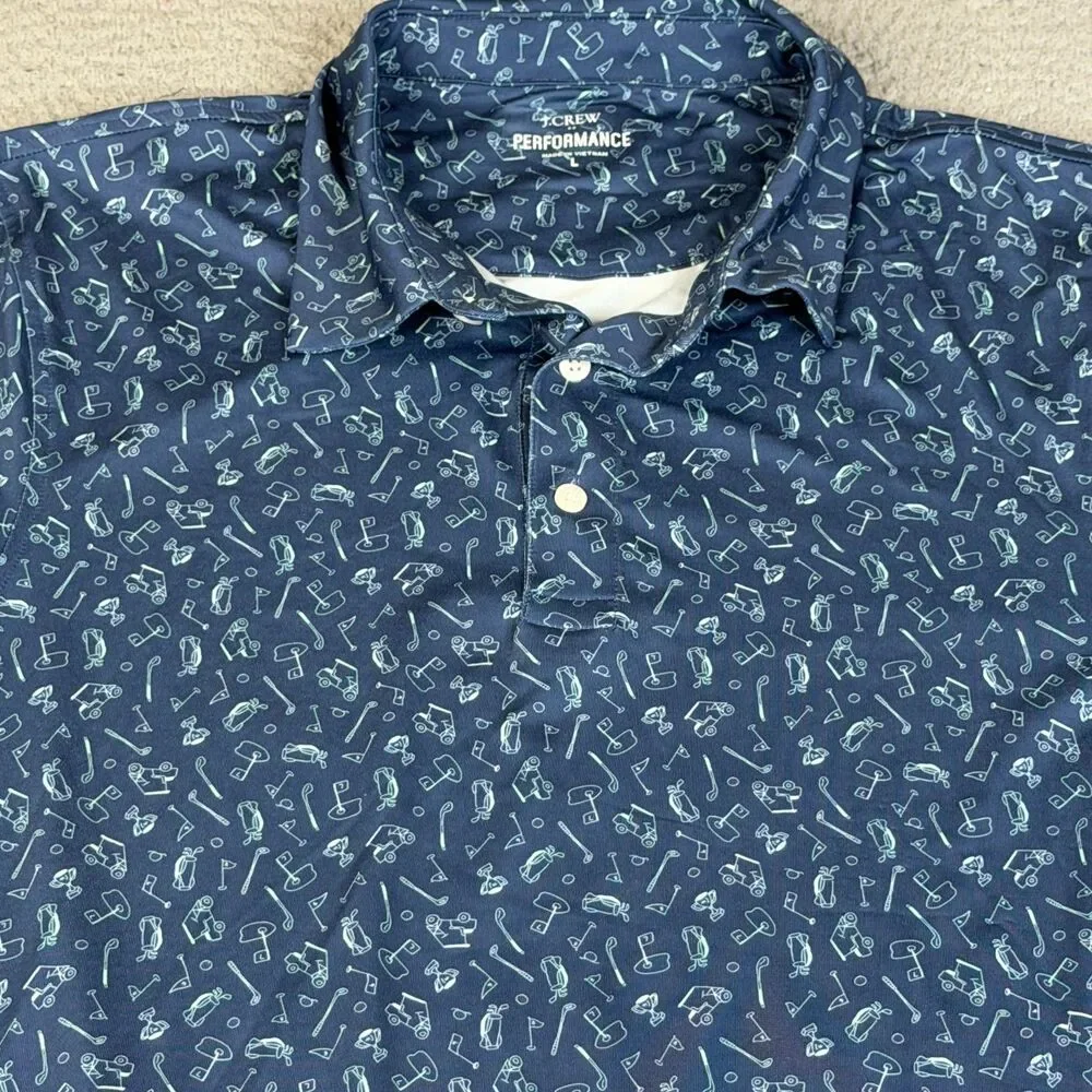 J. CREW Performance Polo Shirt Men L Blue All Over Golf Bag Tee Cart Trophy Club