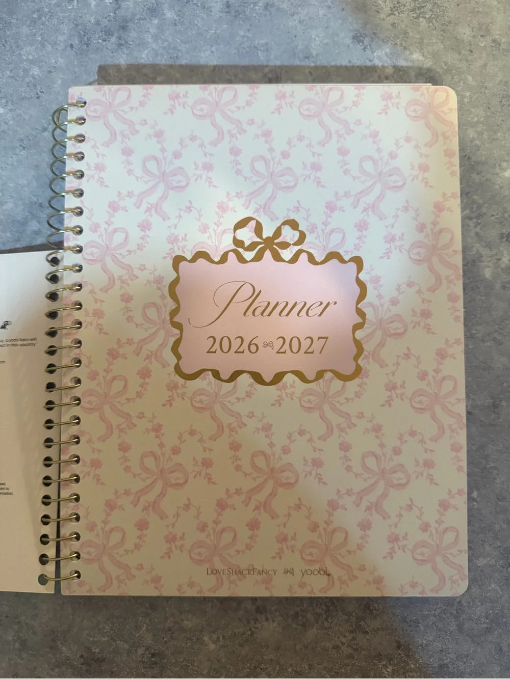 Yoobi Pink LoveShackFancy Floral and Bow Planner with Gold Foil Accents