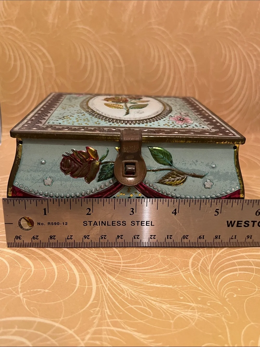 Vintage Rose Tin Trinket Box with Latch