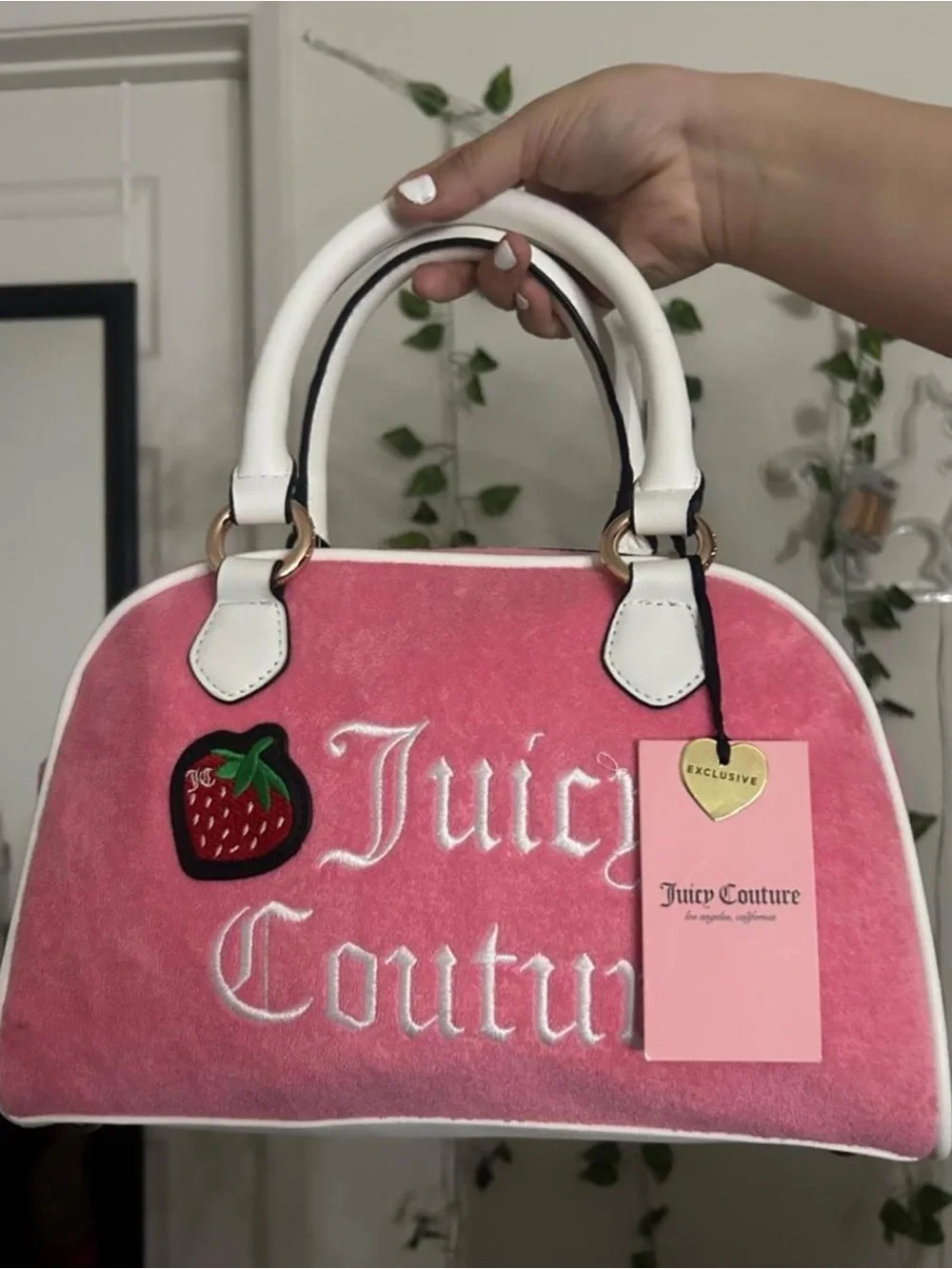 Juicy Couture Pink Velvet Dome Satchel with White Trim