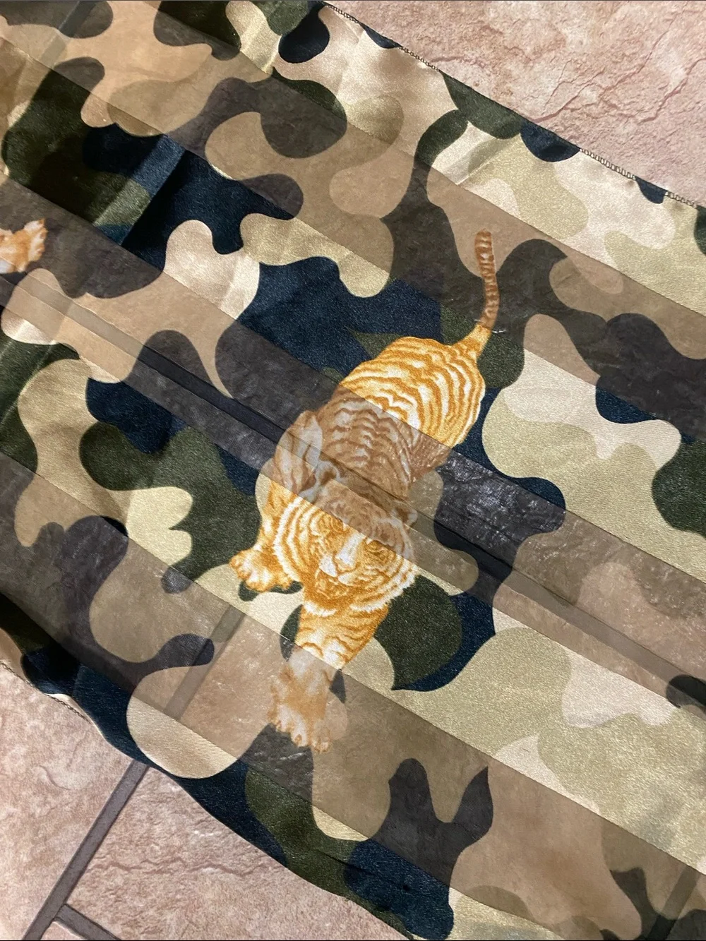 Camouflage Scarf with Tiger Motif - Green, Tan, Black Spring Layering