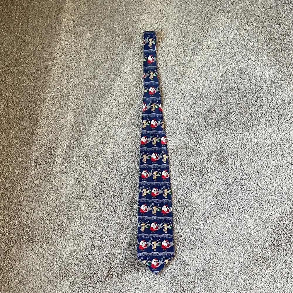 Hallmark Holiday Traditions Christmas Silk Tie Navy Santa Reindeer Festive