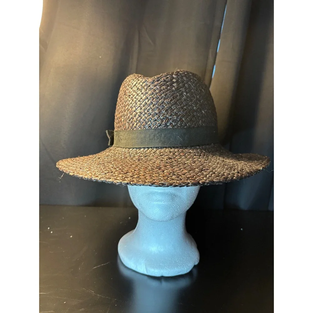 Classic Woven Straw Fedora Hat Dark Brown Grosgrain Ribbon Bow Sun Hat
