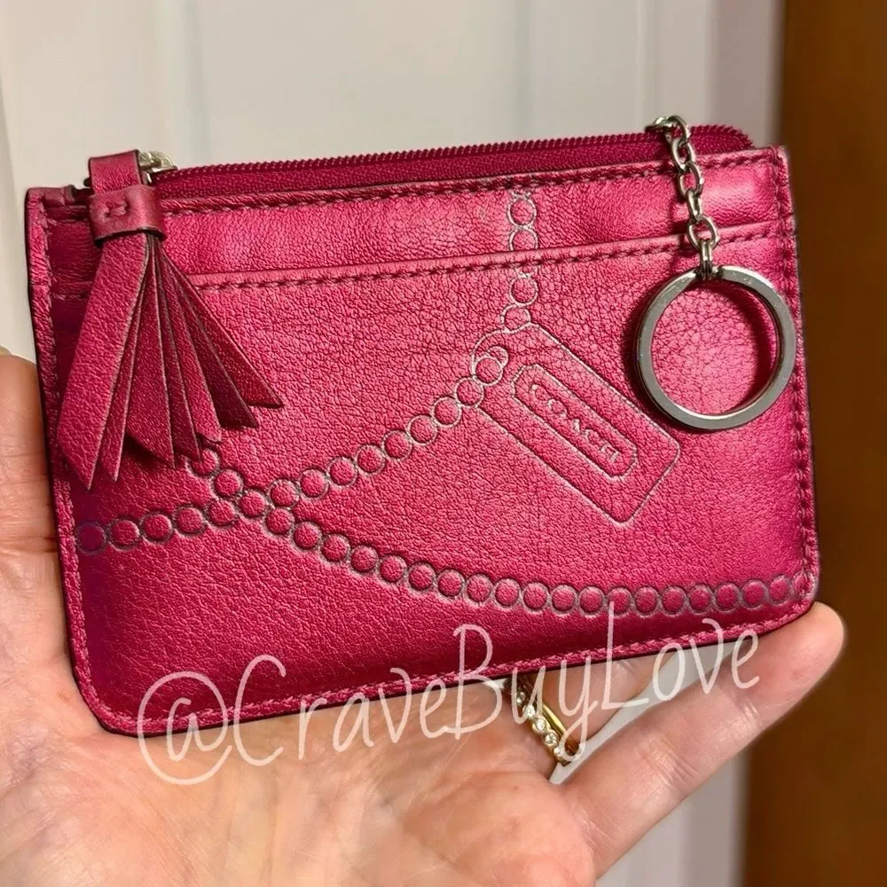 COACH LEATHER CARD CASE WALLET PINK FUCHSIA METALLIC 2009 TASSEL SLG VHTF VGUC