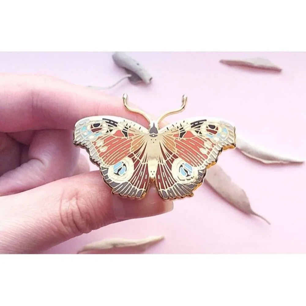 European Peacock Butterfly Enamel Pin - Gold‎ Plated Nature Jewelry & Brooch