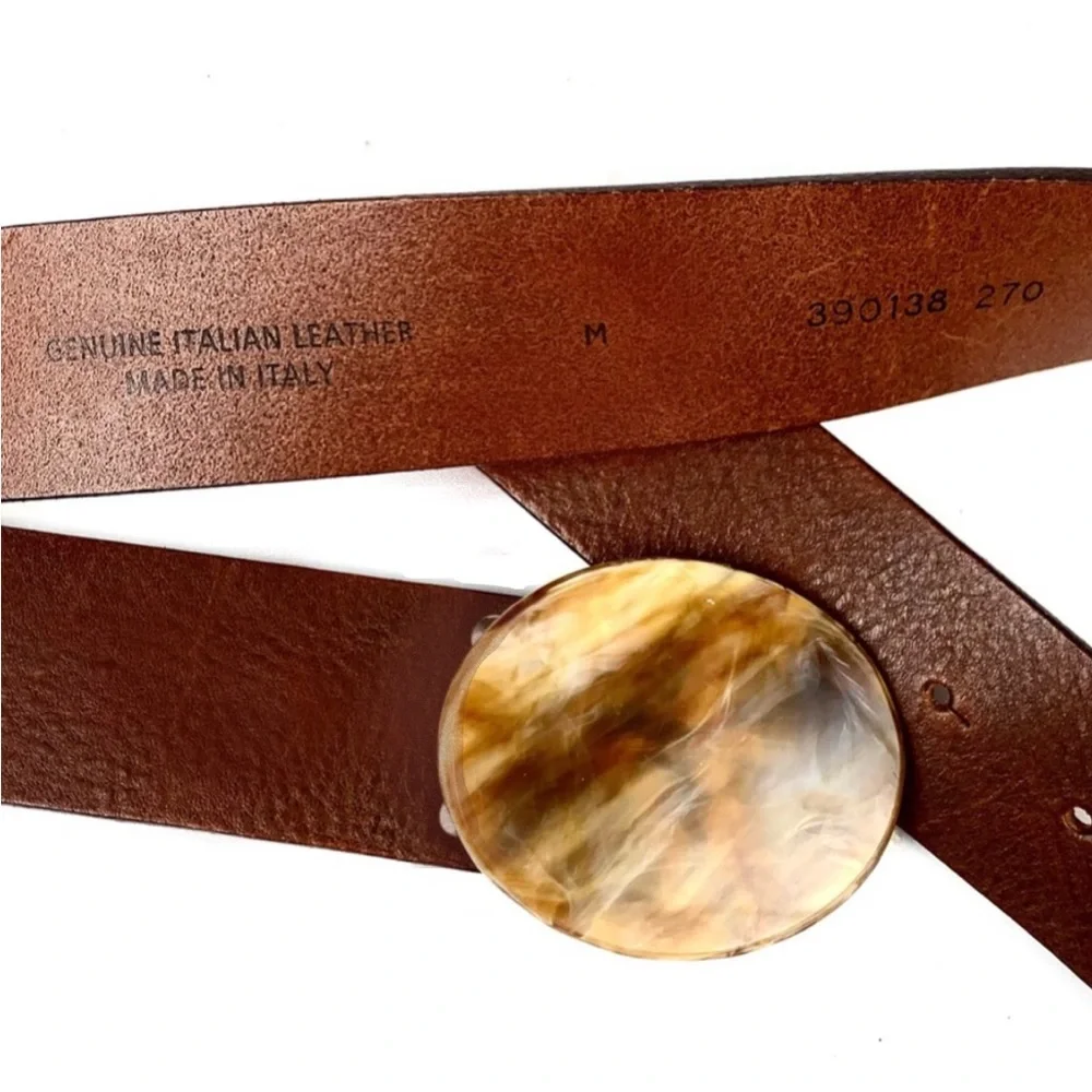 Italian Made 2” Brown Leather Belt With 2.5”Polished Stone Buckle Size M