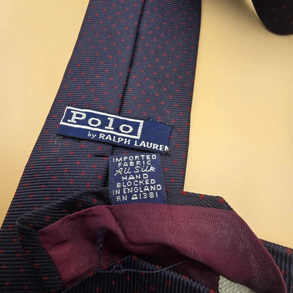 Polo Ralph Lauren Mens Silk Tie Navy Blue Red Micro Dot Hand Blocked England
