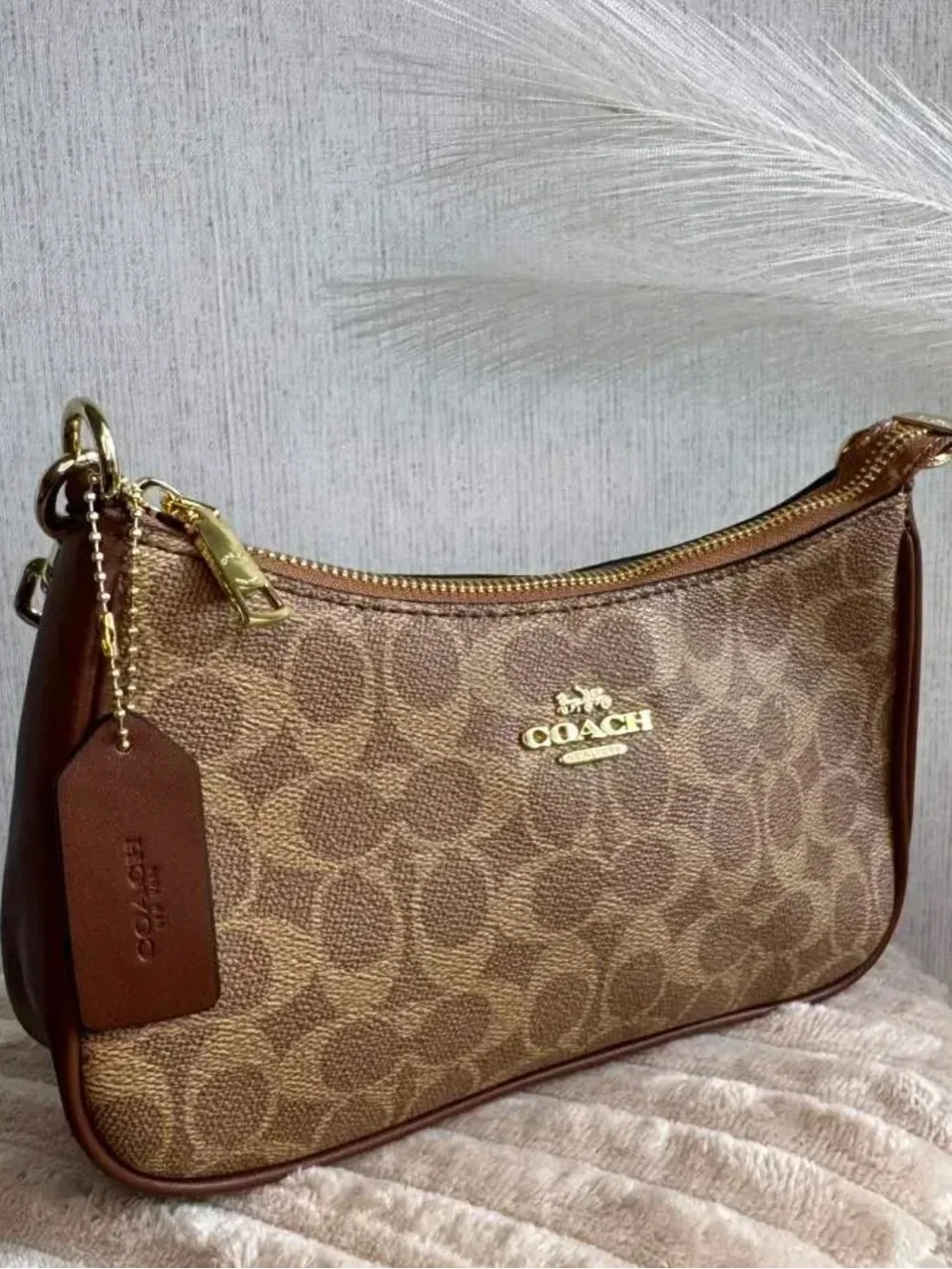 Coach Brown Signature Monogram Shoulder Bag with Gold Hardware