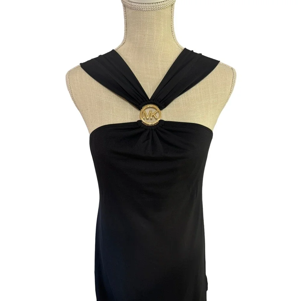 Y2K Michael Michael Kors Gold Logo Cruise Black Swing Dress Sz S‎ Small Halter