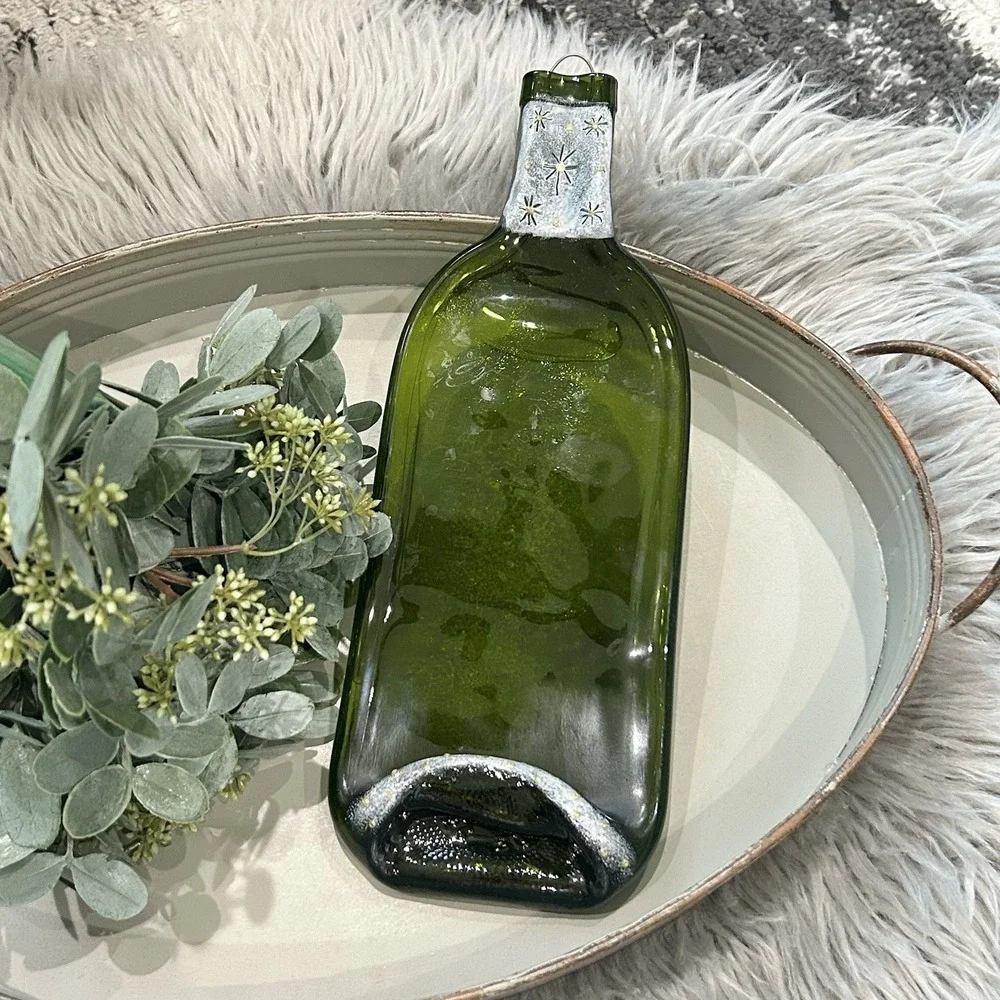 Flattened Green Glass Wine Bottle Spoon Rest Window Wall Decor Art Glass 12