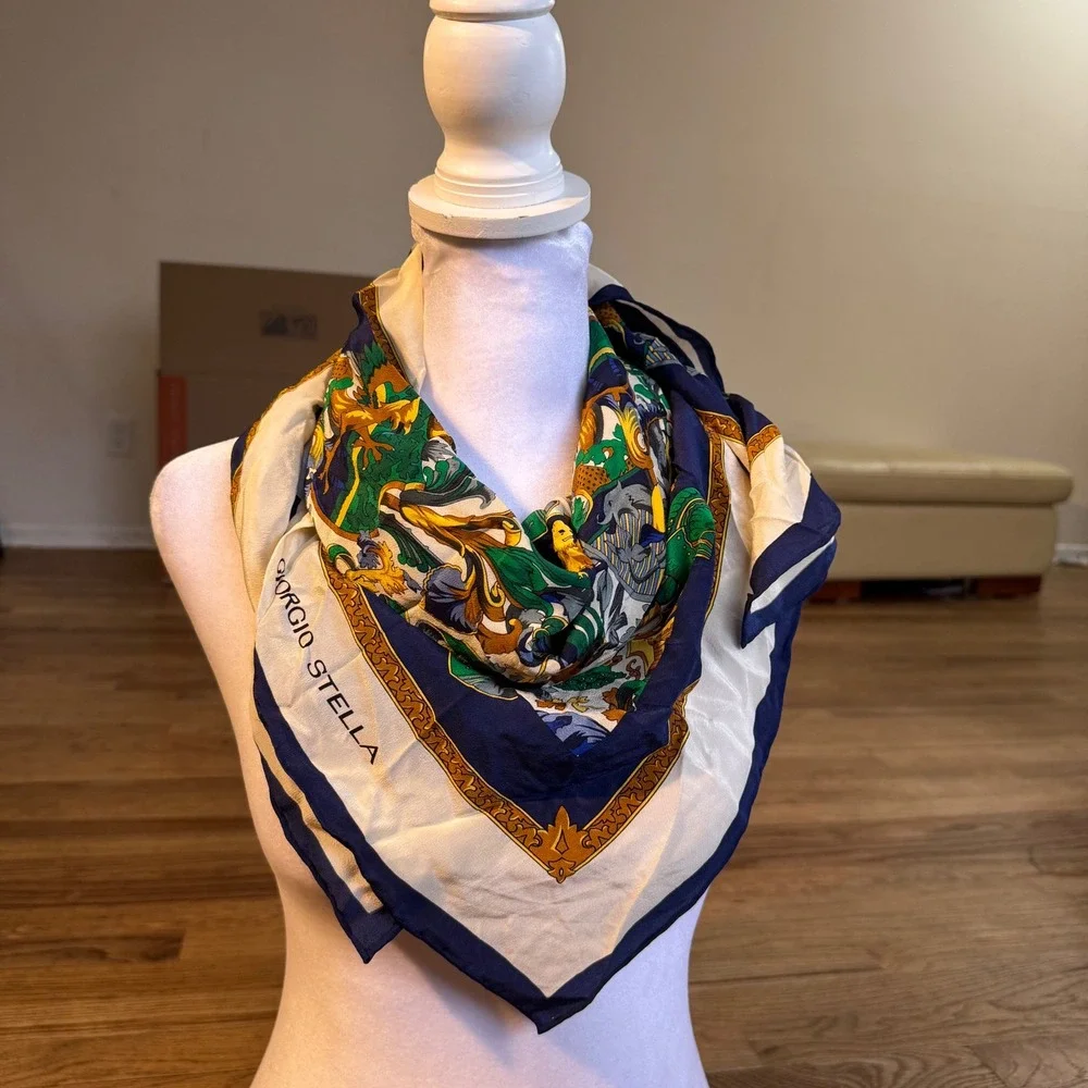 Giorgio Stella‎ Silk Scarf Navy Blue Cream Gold Heraldic Lion Crest Square 31x31