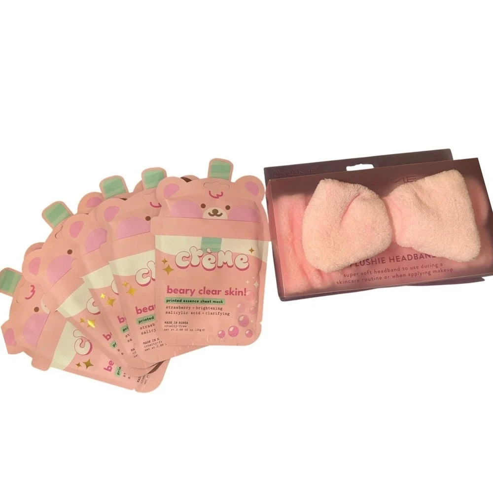The Crème Shop Headband Plush Pink + 5 Beary Clear Skin Sheet Masks NWT‎ Bundle