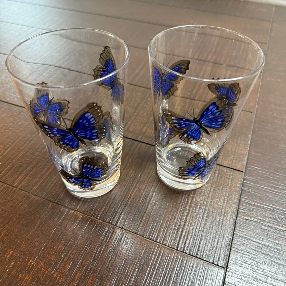 Painted Blue Butterfly Set‎ of 2 Nature Inspired Drinking Pint Glasses Fairycore