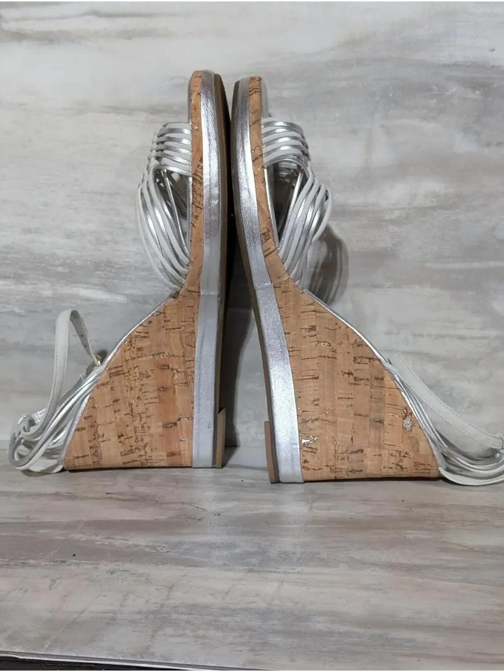 Marshall Fields  Silver Woven Strap Cork Wedge Sandals Sz 10M