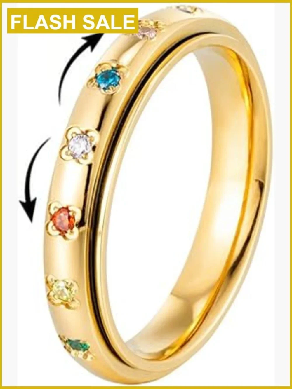 Stainless Steel Spinner Ring CZ Flower Fidget Stress Relief Jewelry