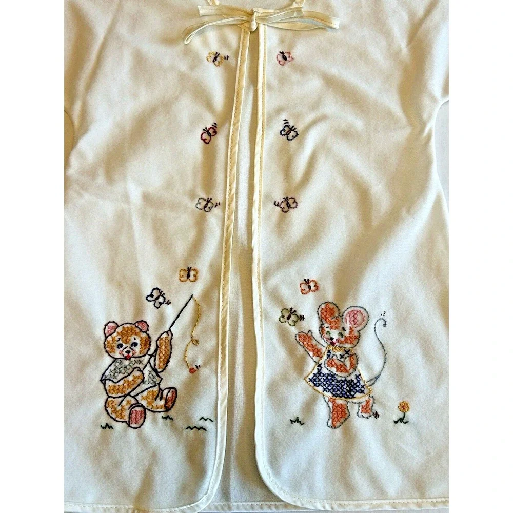 Vintage Baby Unisex Embroidered Mouse Bear Robe Dress Spring Easter Cottage Core