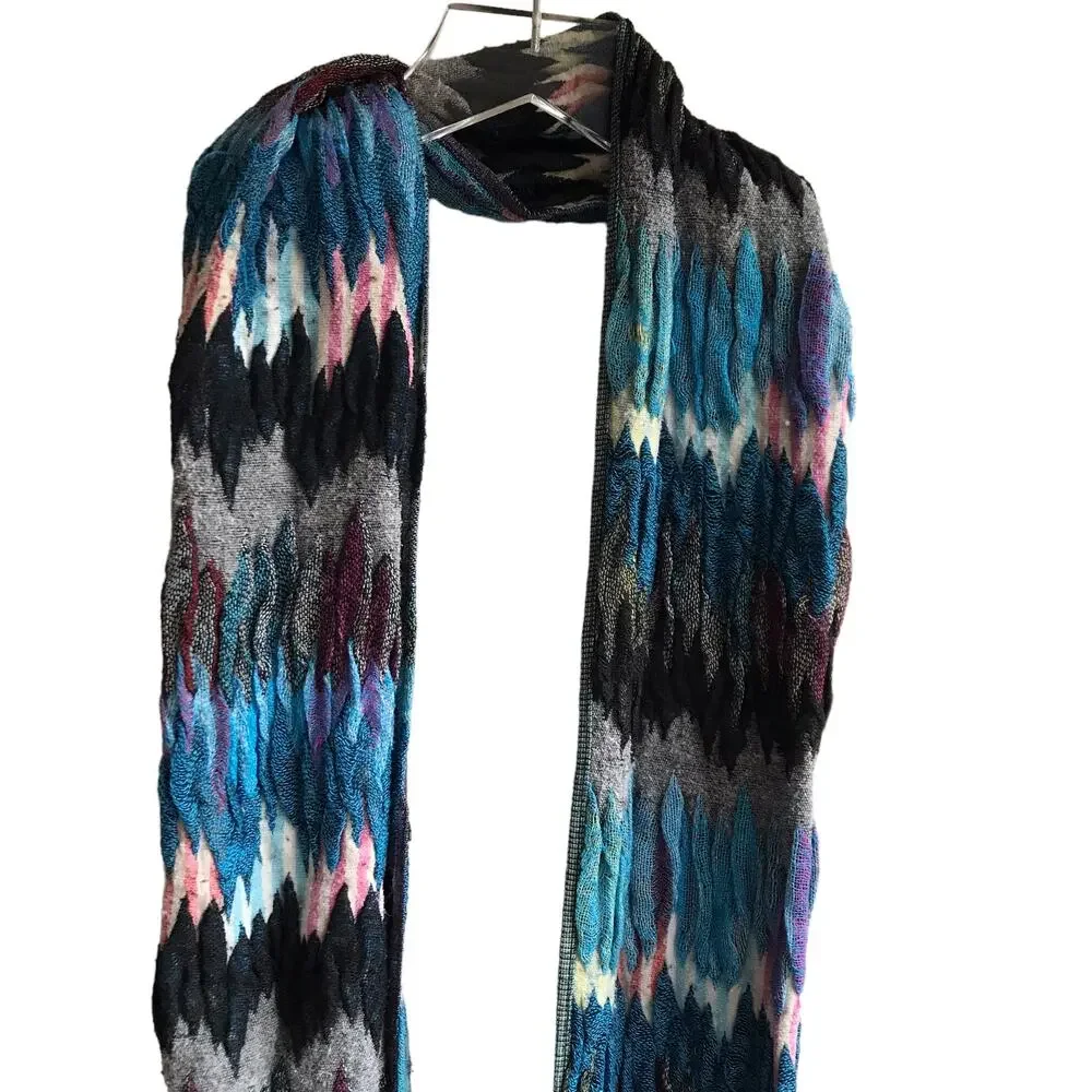 Blue Zig Zag Knit Scarf Fringed Marled Rectangular Wrap Warm Cozy Cabincore