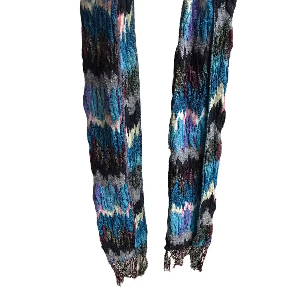 Blue Zig Zag Knit Scarf Fringed Marled Rectangular Wrap Warm Cozy Cabincore