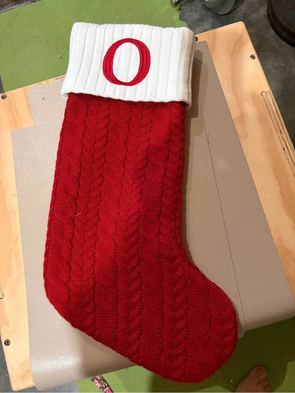 Red Cable Knit Christmas Stocking with White Cuff and Red 'O'