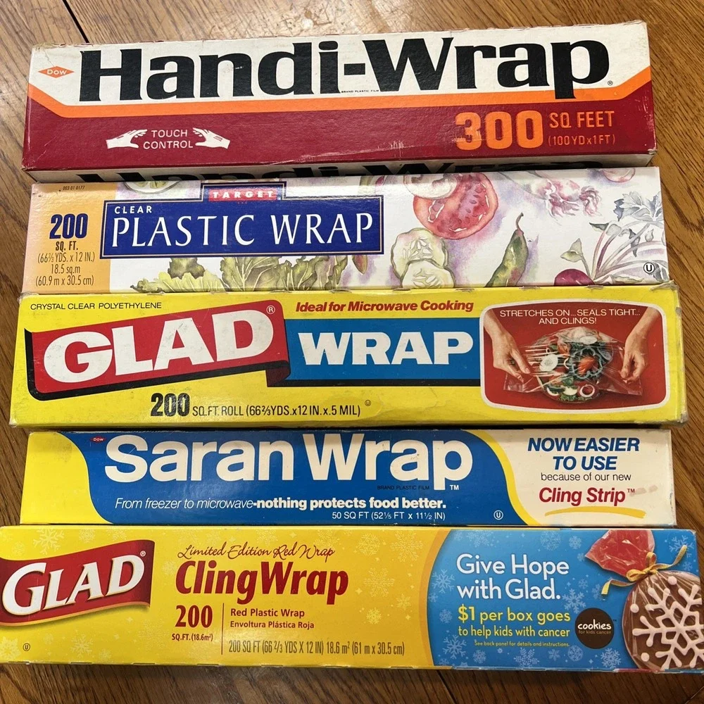Vintage Saran, Glad, Handi, Target Cling  Plastic Wrap Clear & Red All Open Used