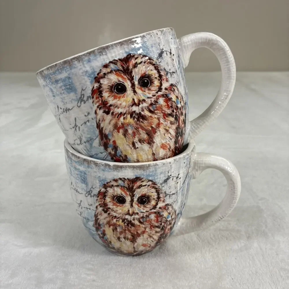 Pier 1 Imports Ironstone Owl Mugs(2) Dimpled Glossy 8.75” 2pcs Benefits Chrty