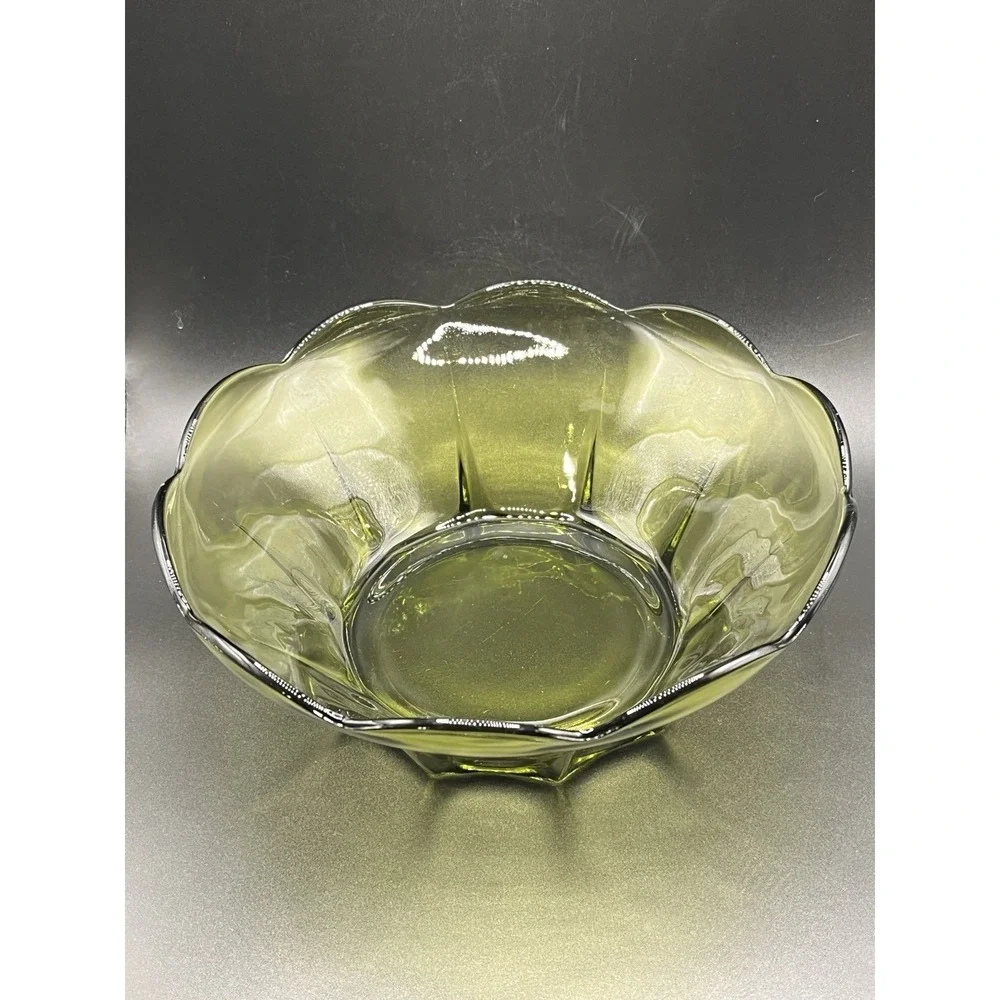 Anchor‎ Hocking Avocado Olive Green Glass Bowl Scalloped Vintage MCM 8