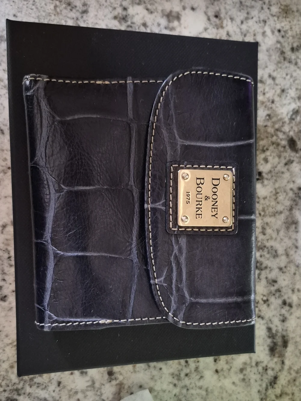 Dooney & Bourke Black Croc-Embossed Leather Card Wallet with Gold Plaque