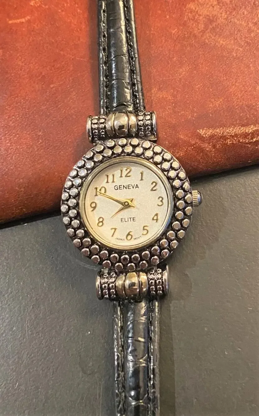 Women's 30mm Silver tone Geneva Elite Watch, Black Band