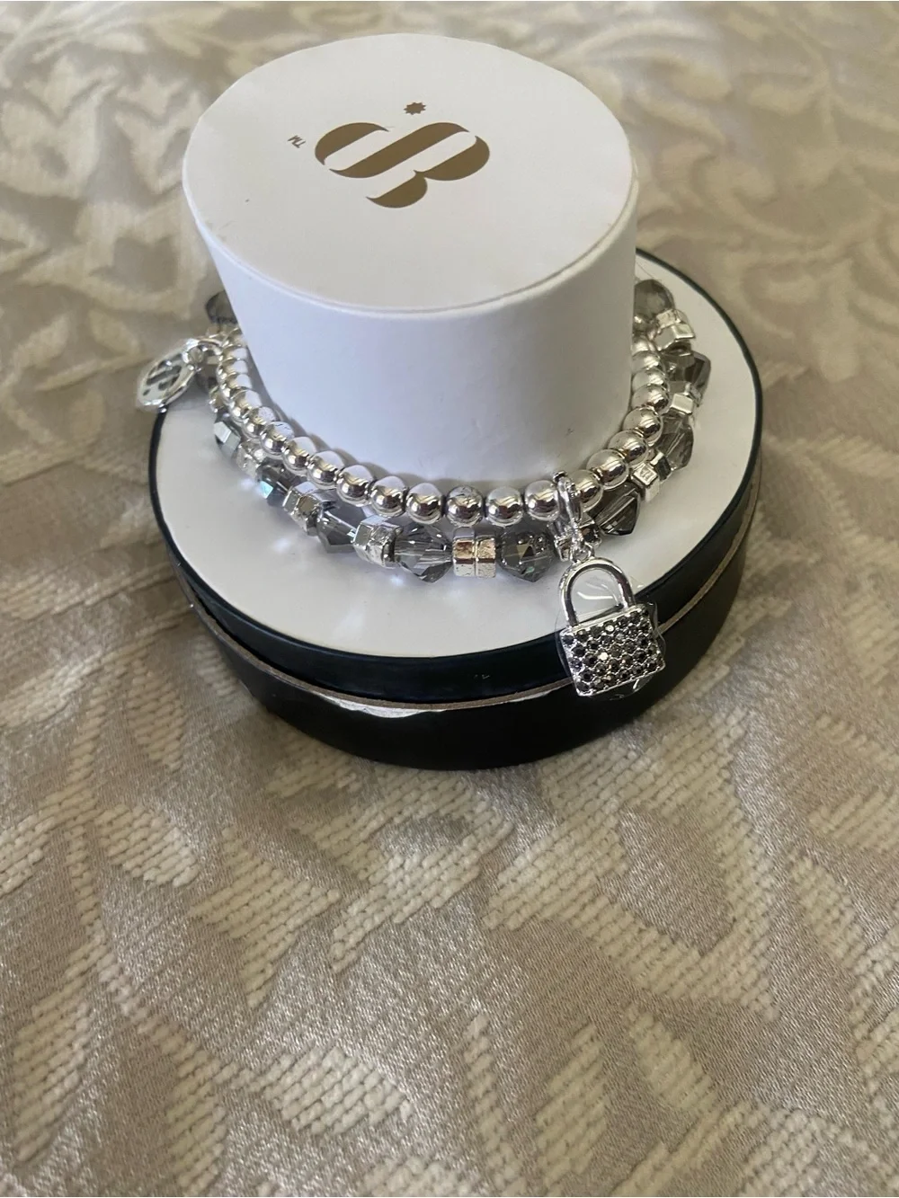 Silver Beaded Charm Bracelet Set with Lock Accent - Women Jewelry