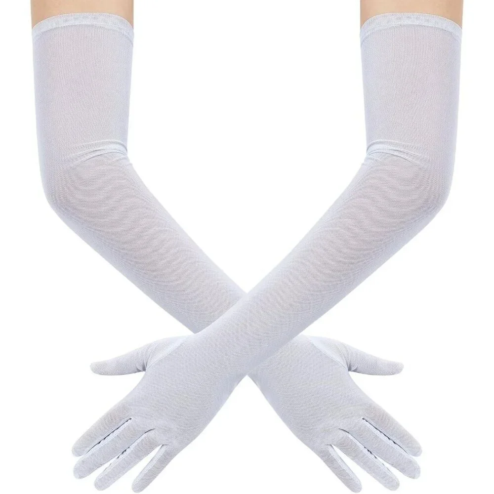 Women's Tulle Mesh White Long Stretchy Gloves Halloween Party Wedding Costume