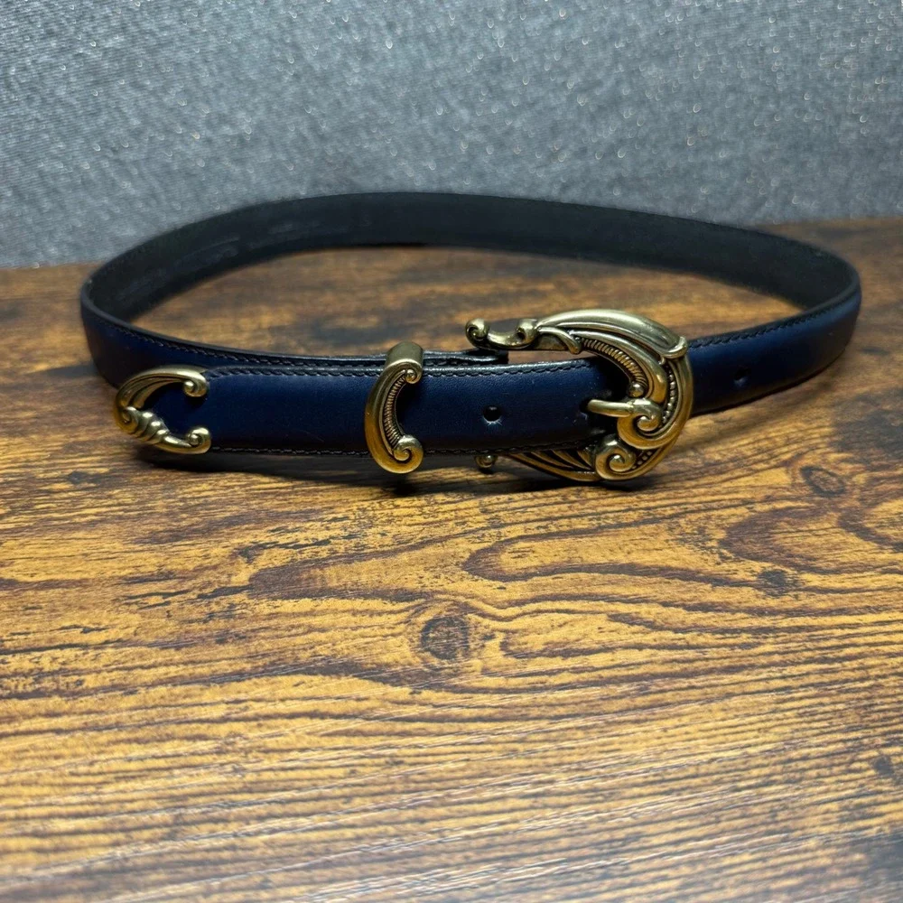 Talbots Navy Blue Leather Belt Small Gold Scroll Buckle Western Boho Vintage USA