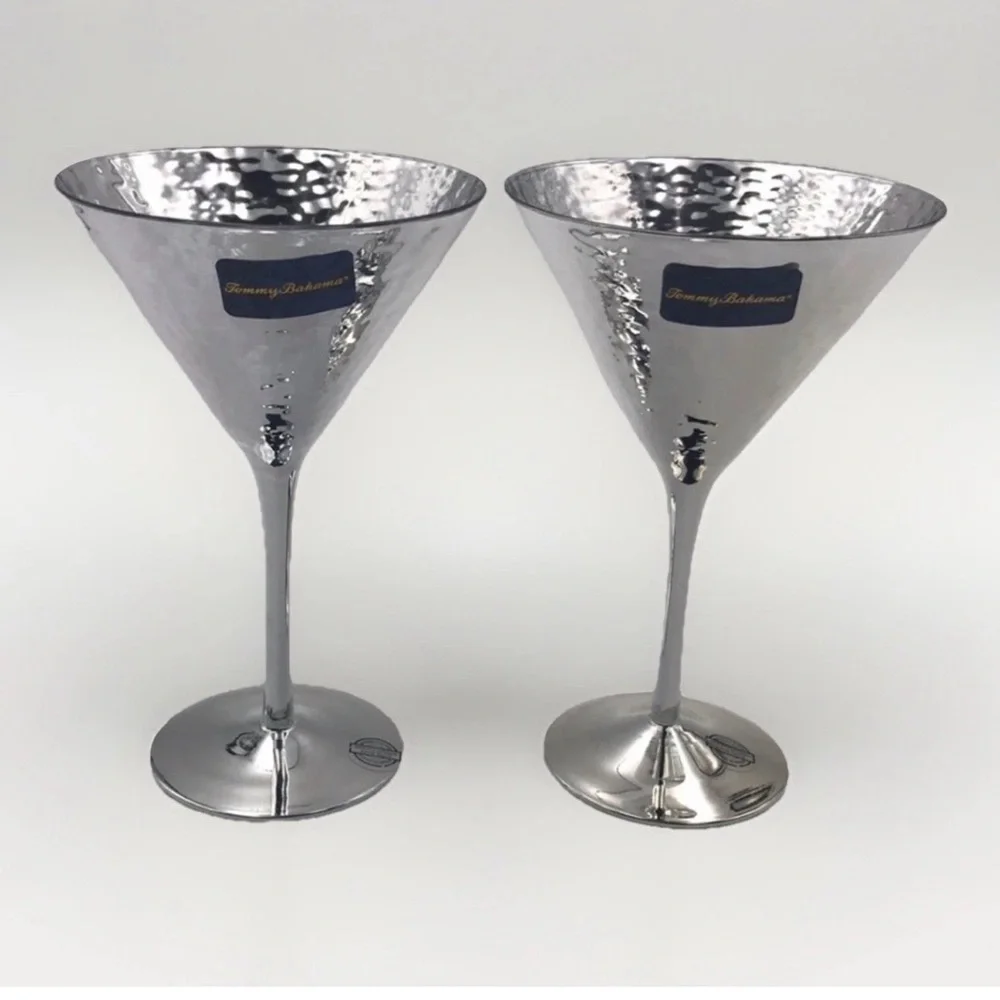 2 Tommy Bahama Silver Metallic Hand Hammered Look Reflective Martini Set 2 New