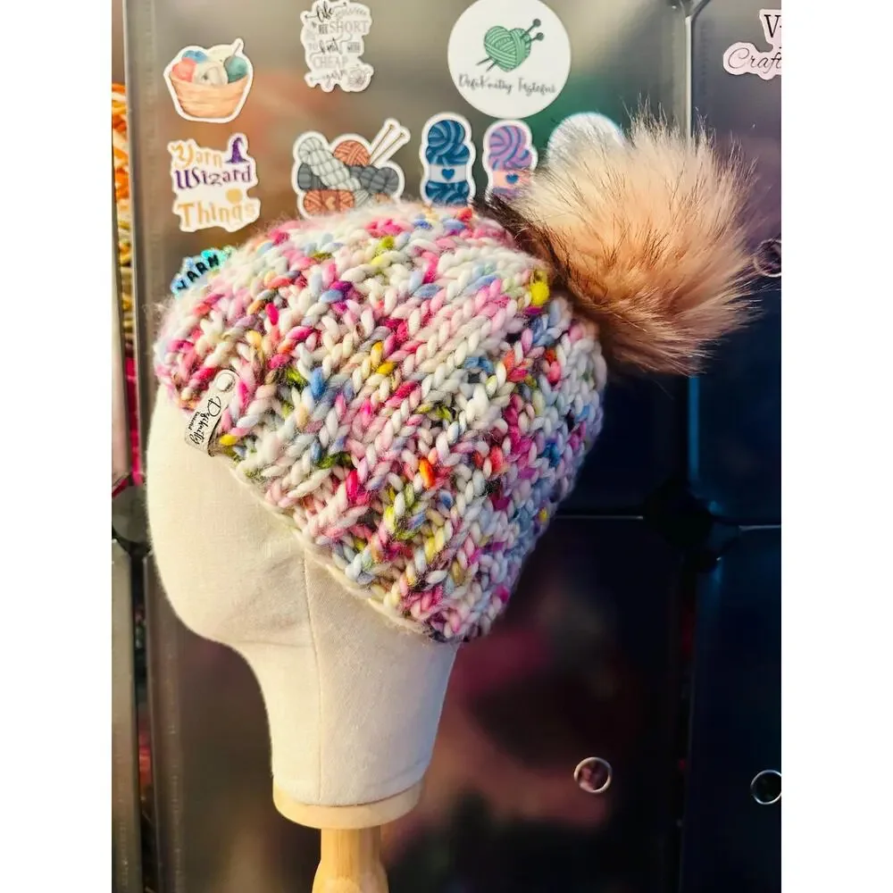 Hand Knit Merino Wool Beanie: Open Ridge Knit Hat with Faux Fur Pom