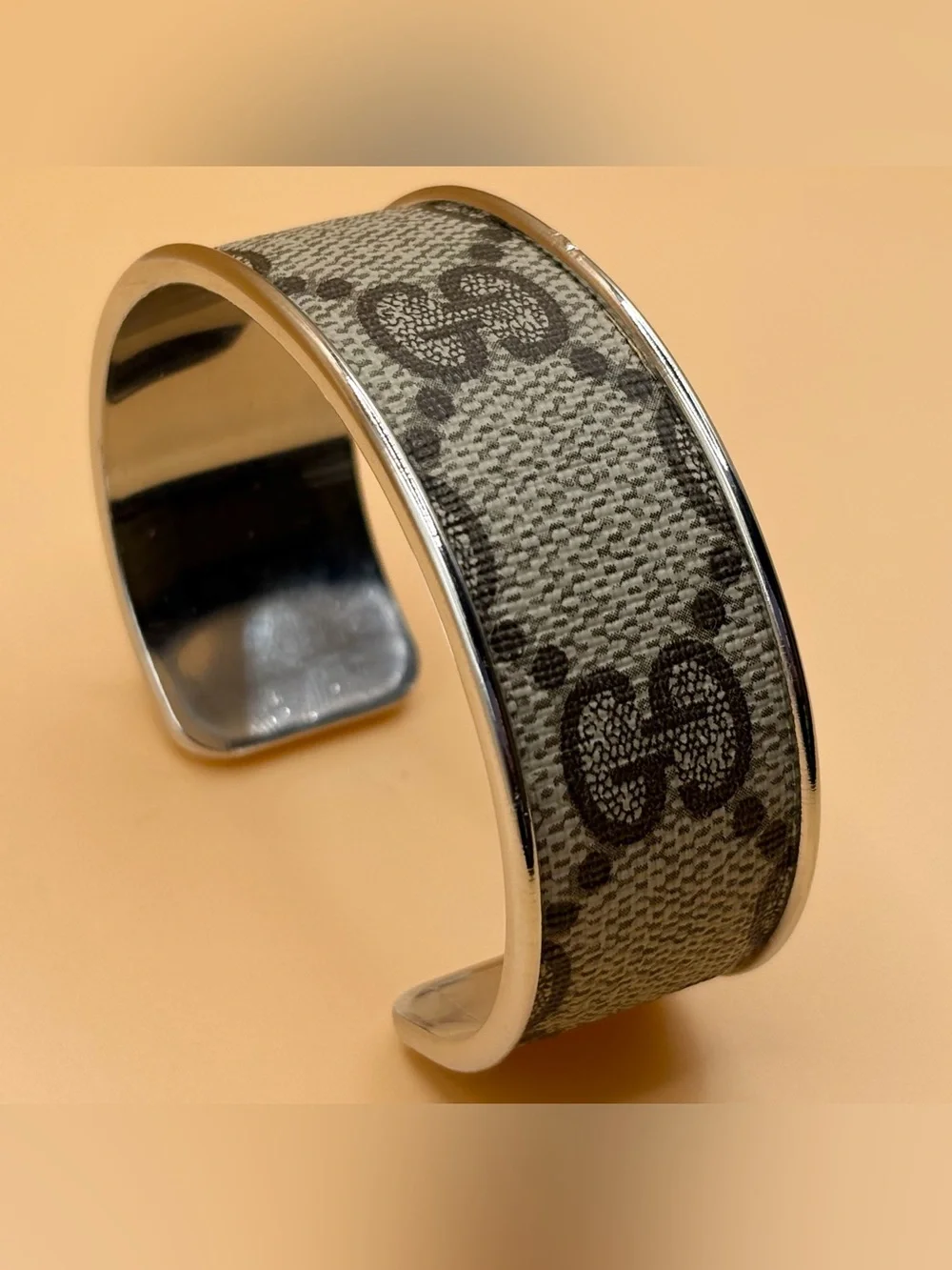 Classic GG Gucci Patterned Fabric Cuff Bracelet with Silver Trim