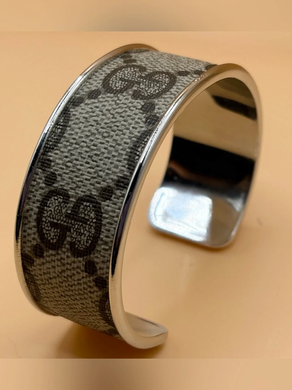 Classic GG Gucci Patterned Fabric Cuff Bracelet with Silver Trim