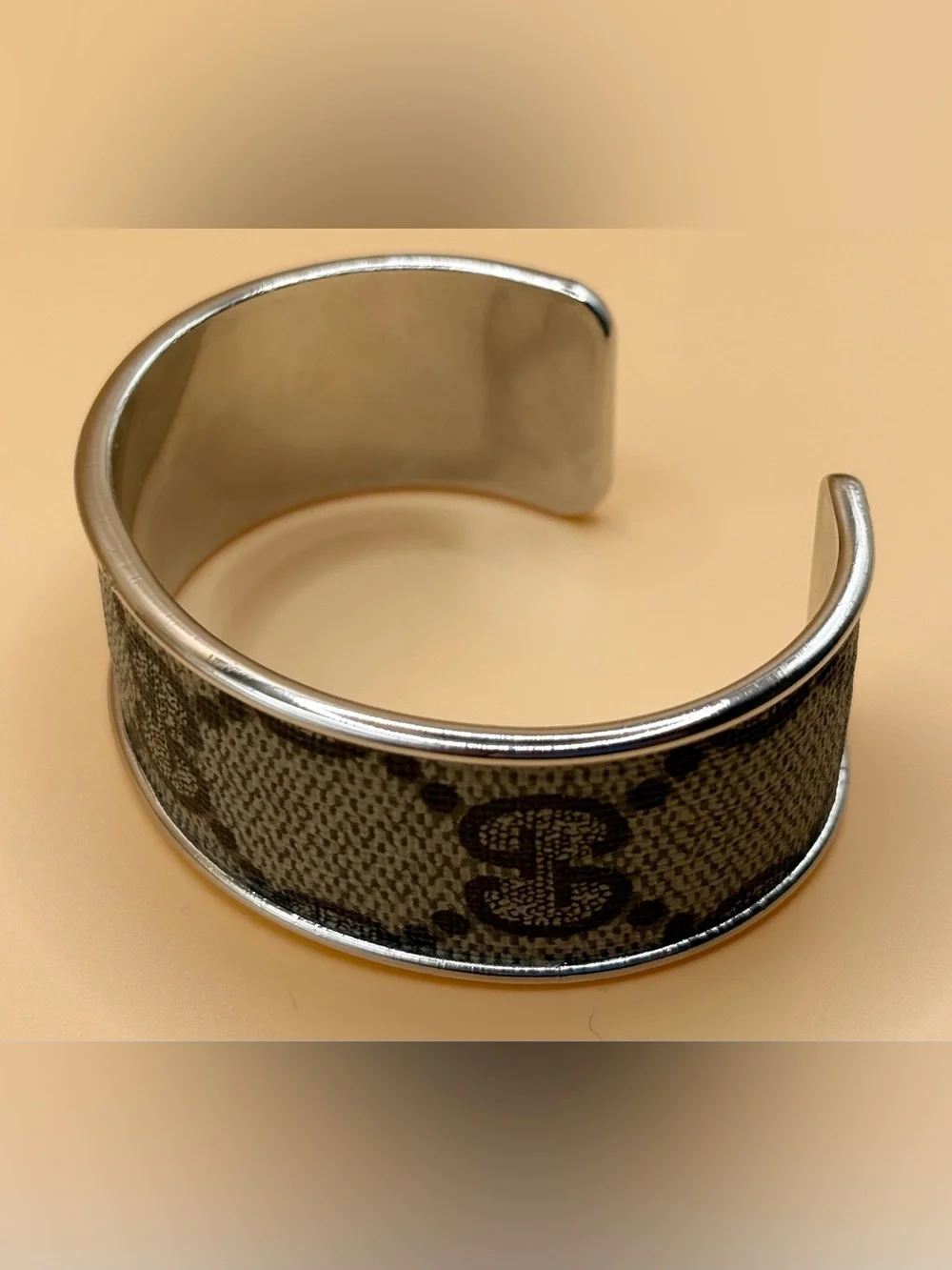 Classic GG Gucci Patterned Fabric Cuff Bracelet with Silver Trim