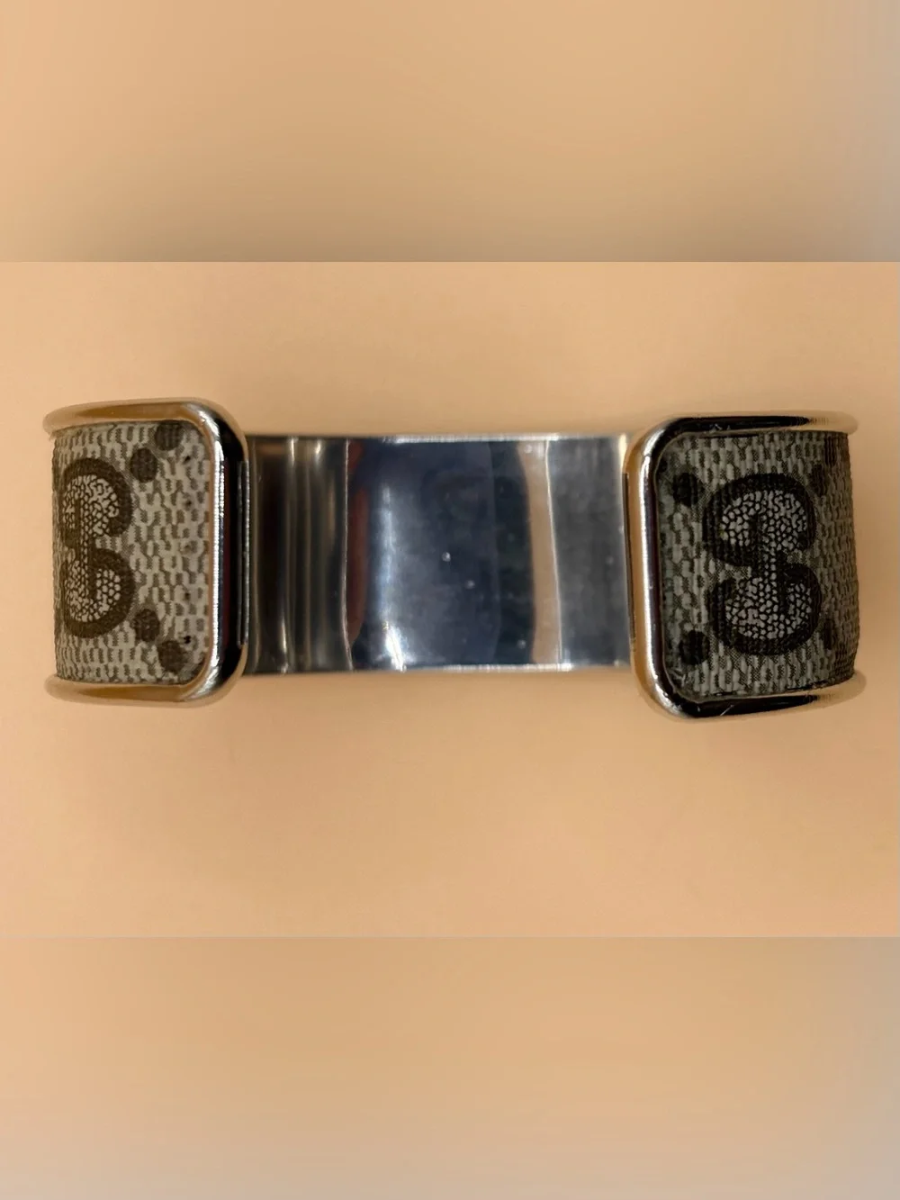 Classic GG Gucci Patterned Fabric Cuff Bracelet with Silver Trim