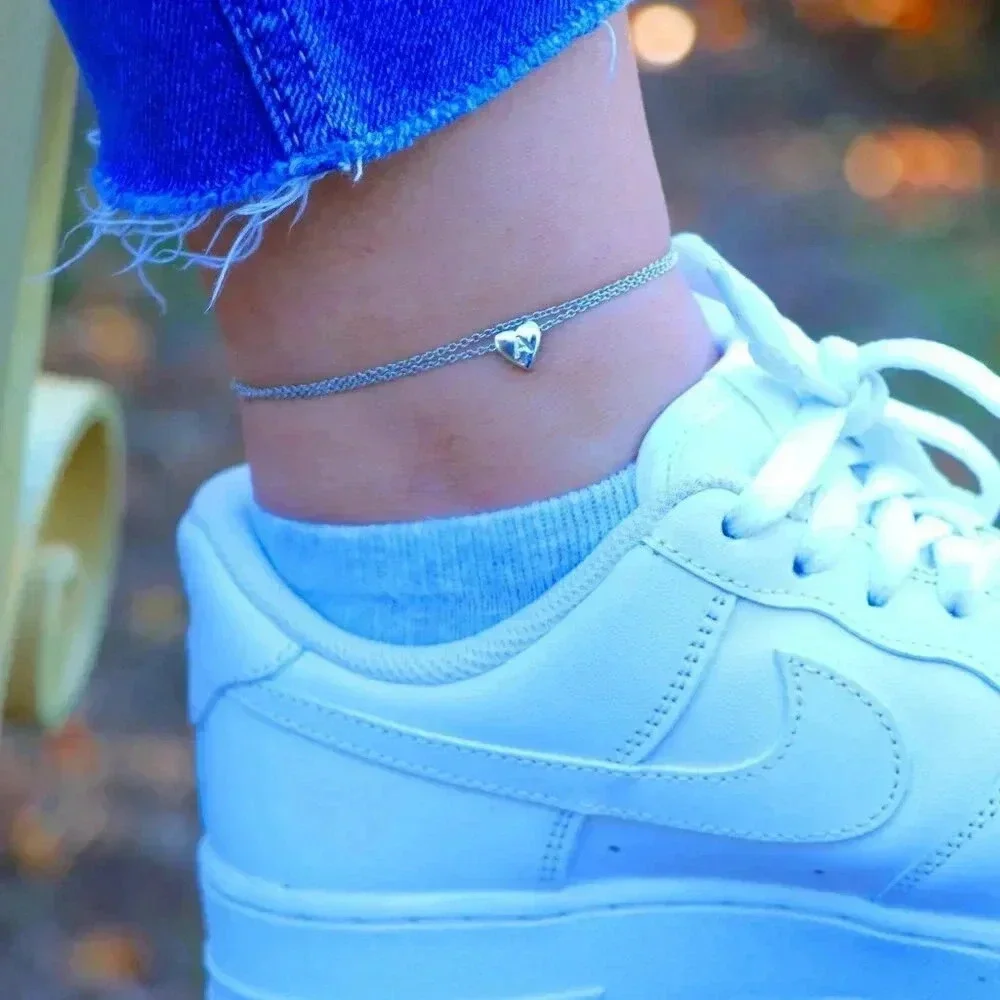SILVER INITIAL ANKLET ❤️HEART CHARM PERSONALIZED ALPHABET DAINTY, ELDM22336