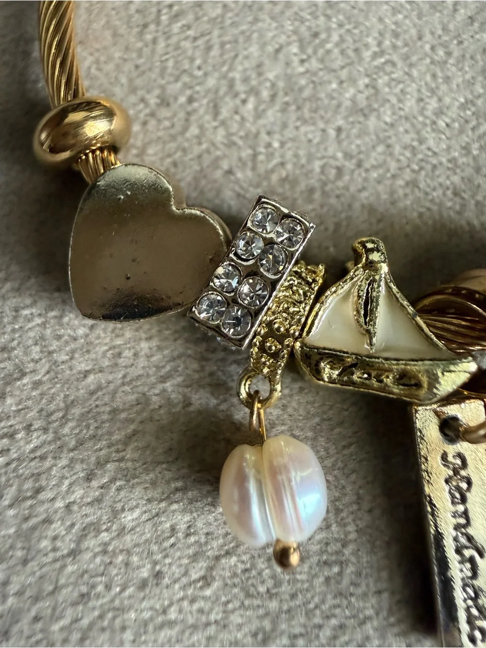 Gold Charm Bangle Bracelet with Heart, Pearl & Crystal Accents