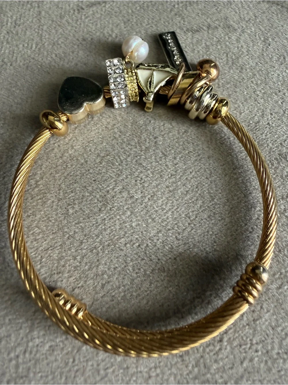 Gold Charm Bangle Bracelet with Heart, Pearl & Crystal Accents