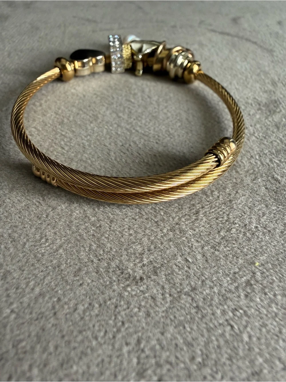 Gold Charm Bangle Bracelet with Heart, Pearl & Crystal Accents