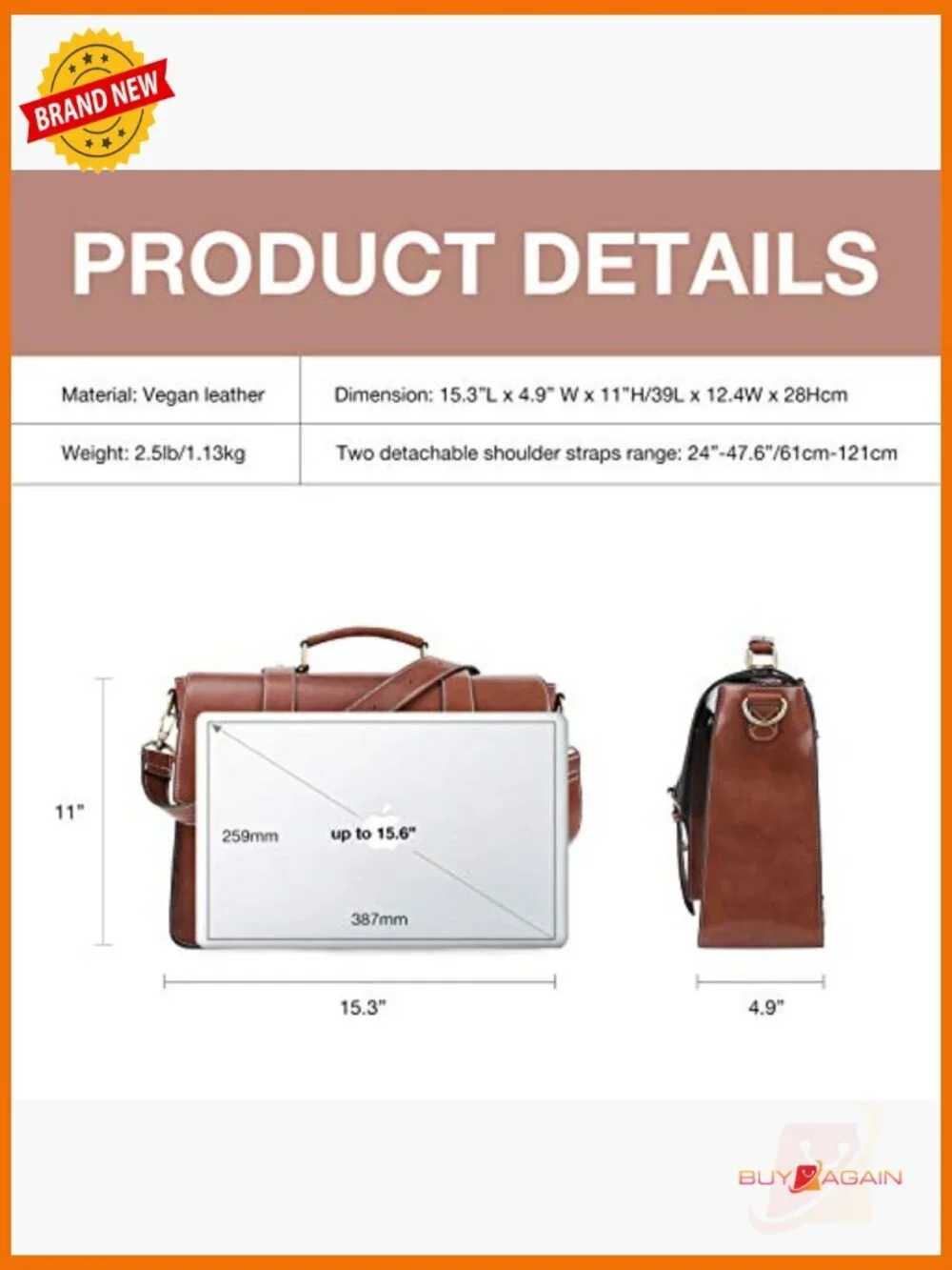 Vegan Leather Laptop Backpack Messenger Bag 15.6