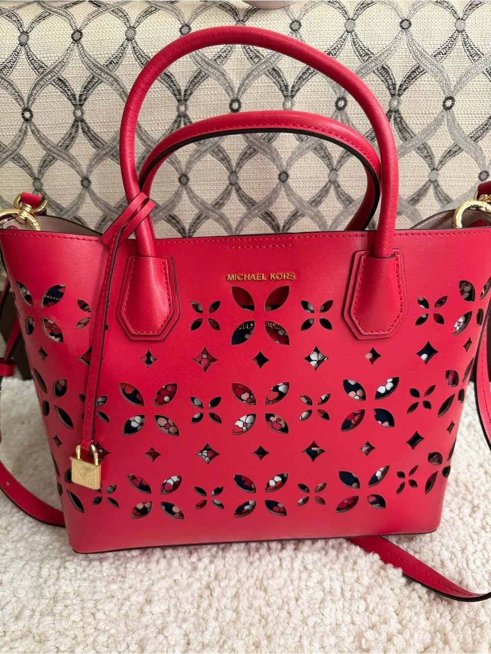 Michael Kors Bright Red Laser-Cut Floral Tote