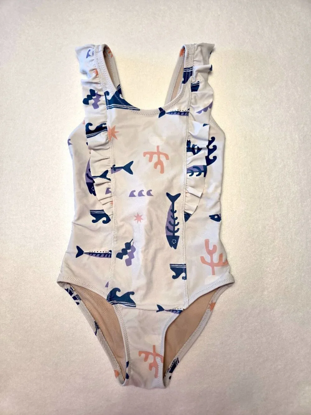 Tea Collection Girls Ruffle One Piece Swimsuit Off-White Print Girls Size 6