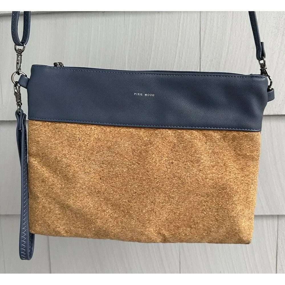 PIxie Mood Nicole Pouch‎ Blue Vegan Leather & Cork Convertible Crossbody Bag
