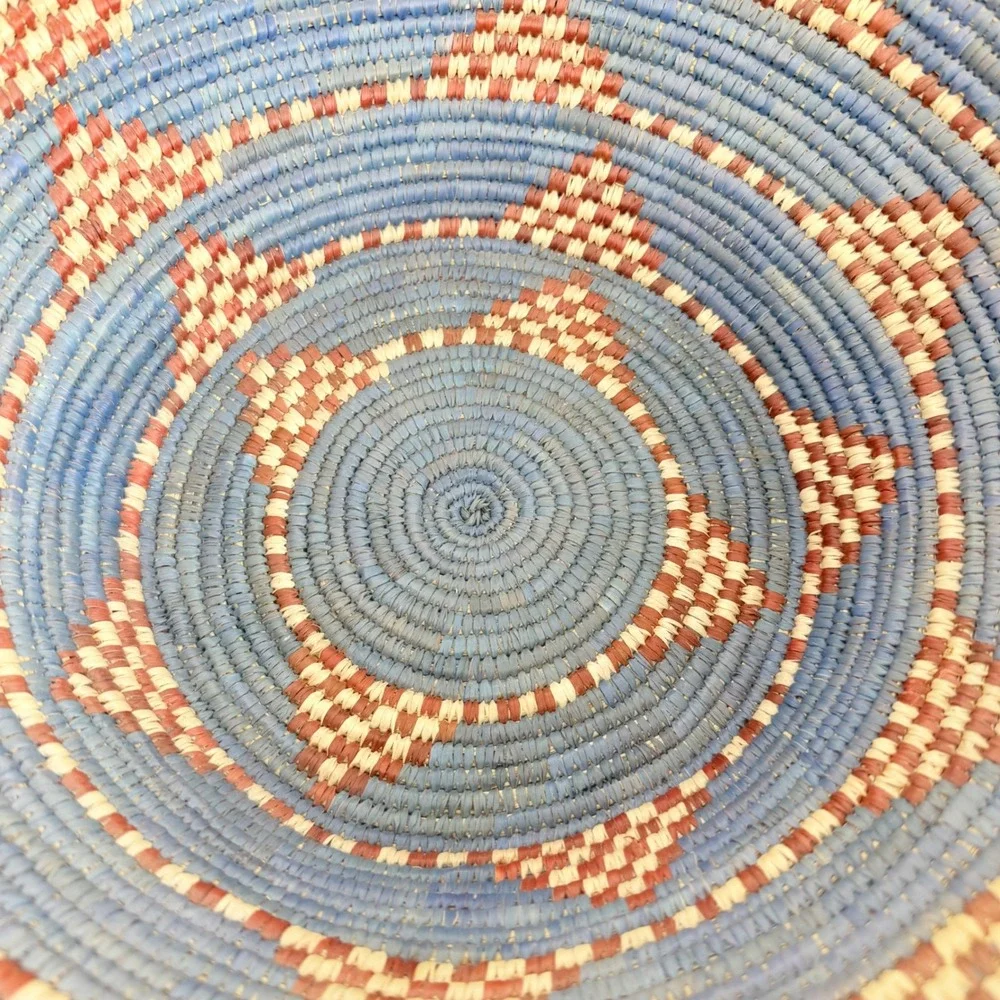 Large Handwoven Coil Basket Bowl Blue Geometric Boho African Decor 15 in Vintae‎